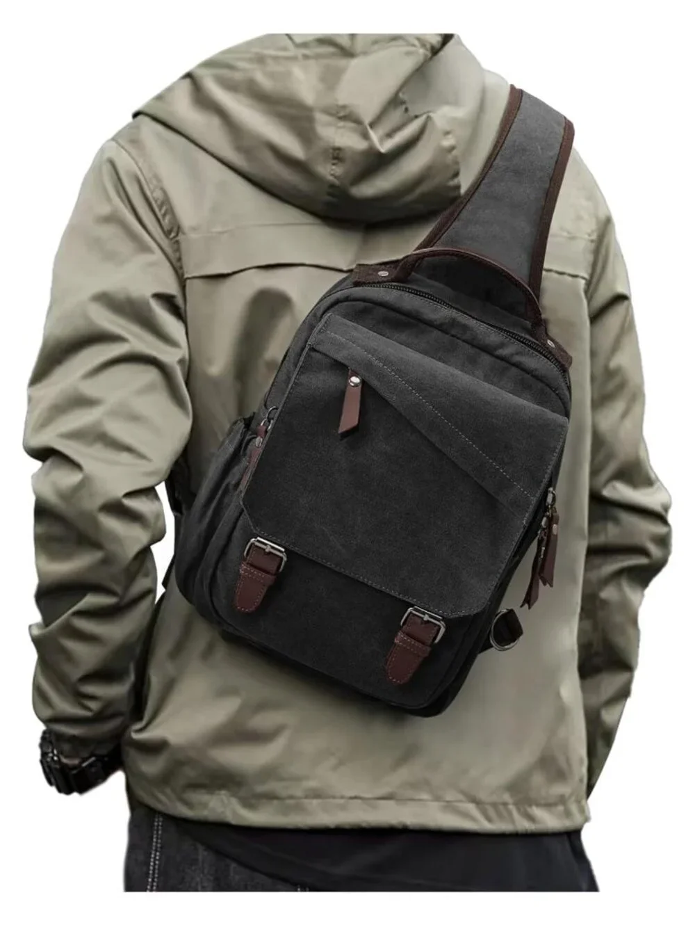 Unisex Canvas Messenger Bag Crossbody Sling Backpack PU Leather Travel